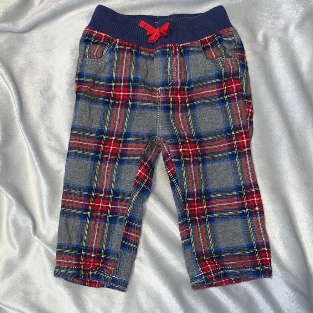 Baby Boden size 12-18 months gray red blue plaid tartan pants lined Christmas